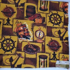 Vintage Colonial Nautical Tall Ship Upholstery Fabric Anchor Wheel Compass Gold